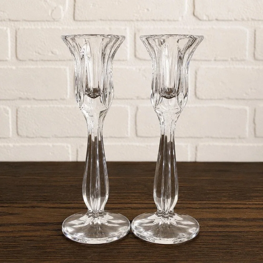 Vintage Crystal Tulip Candlesticks Unmarked Lead Crystal Candle Holders 8 Inch